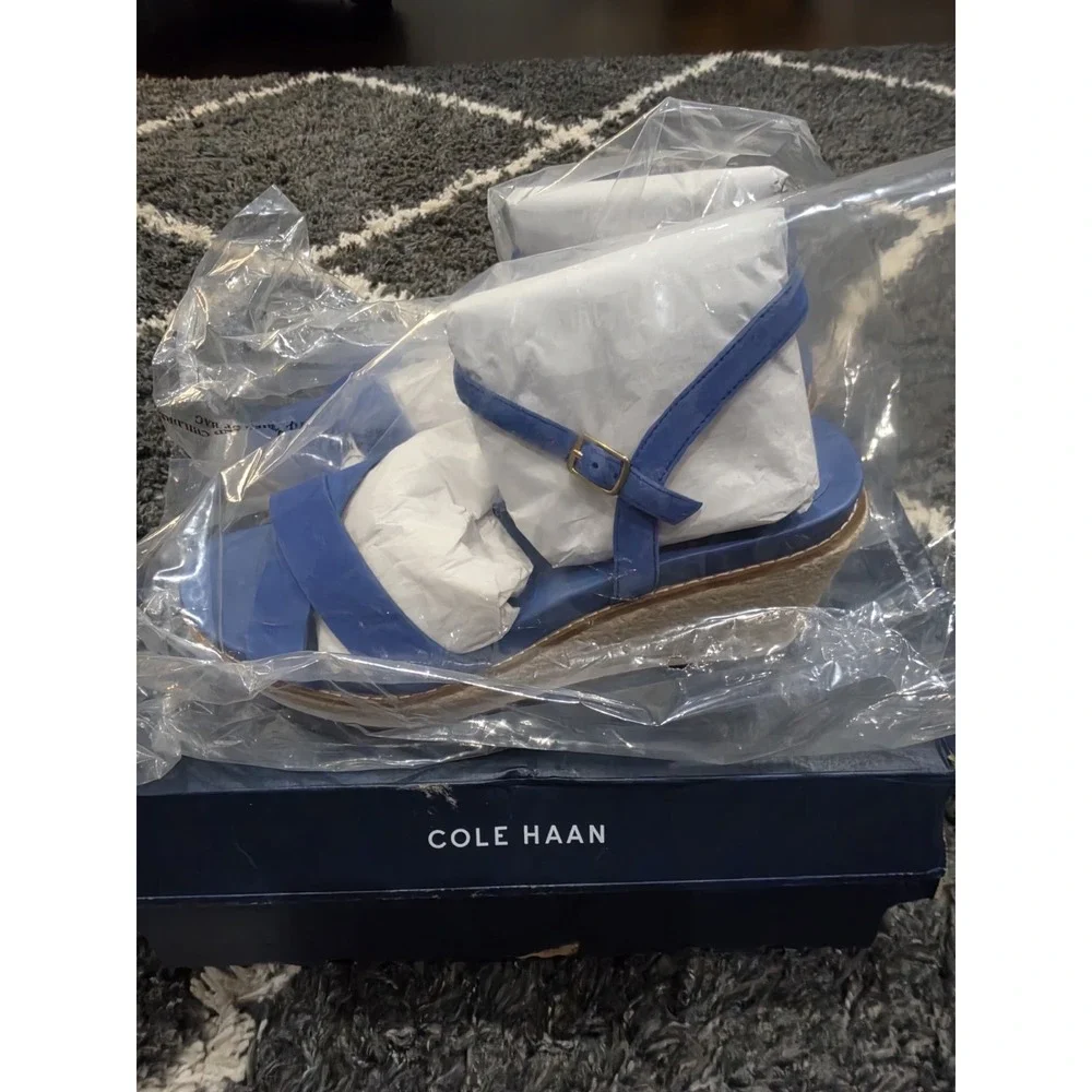 Cole Haan Crysta Blue l Leather Wedge Sandals New Size 9.5B